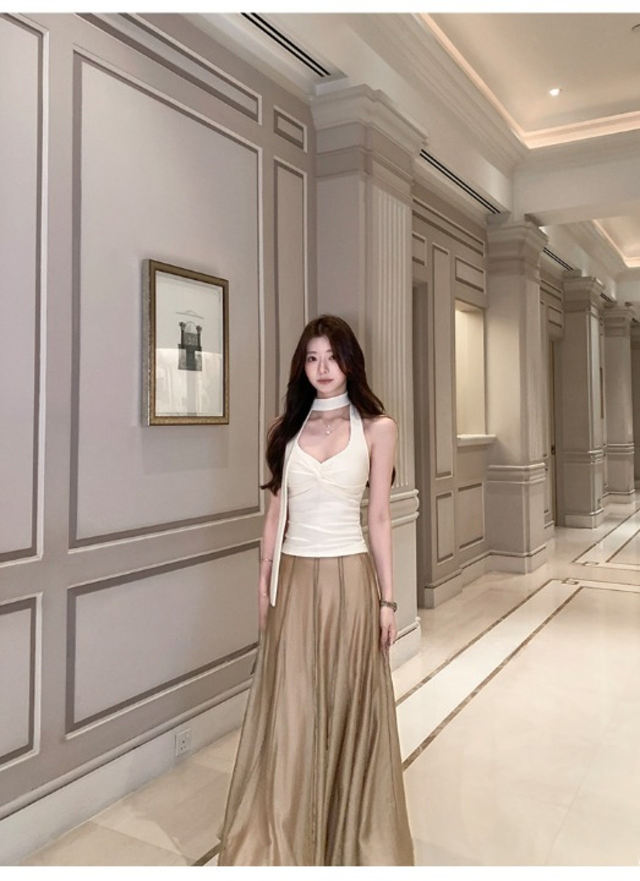 Glossy Material Pleated Flare Long Skirt【H00072】