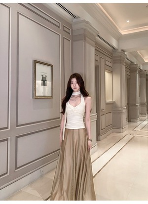 Glossy Material Pleated Flare Long Skirt【H00072】