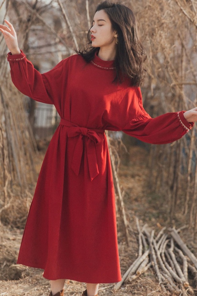 2019秋冬 新作 ワンピース ドレス スカート フランス レトロ シック 赤  