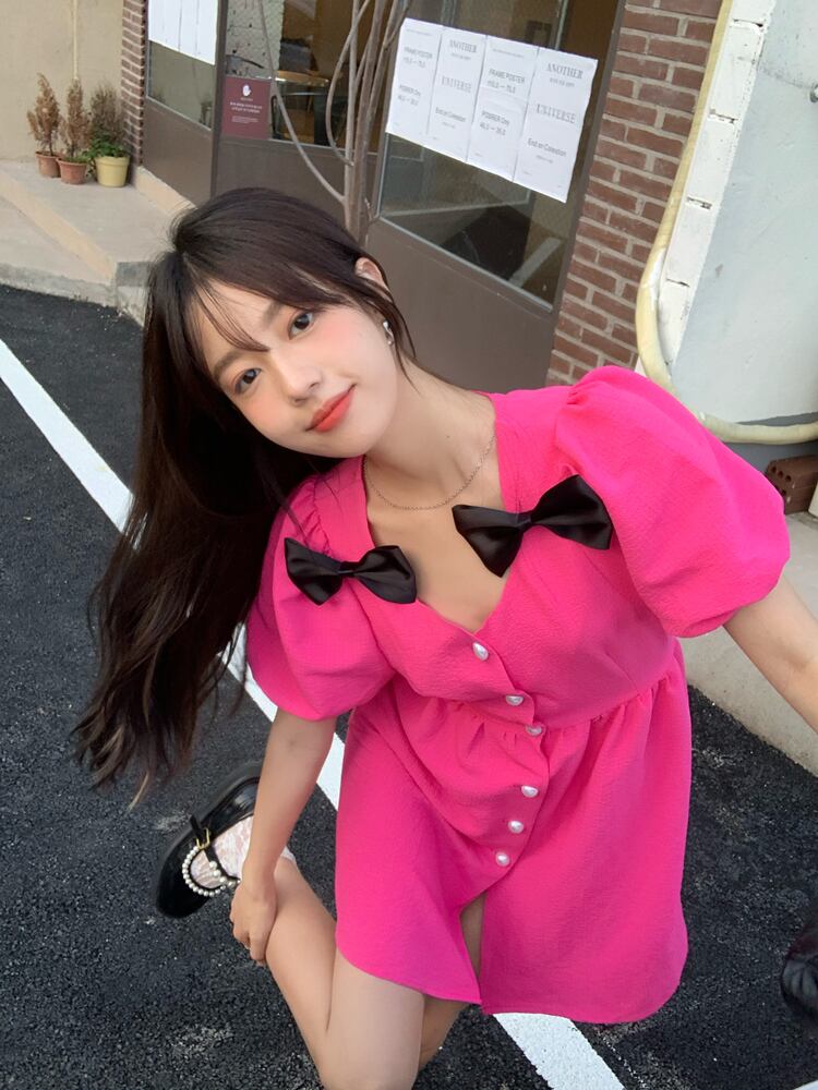 ブラックリボンドレス ウェスト薄手スリーブショートスカート レース 大人ガーリー スウィート キュート カジュアル レースアップ ブラックストロベリース61054845452