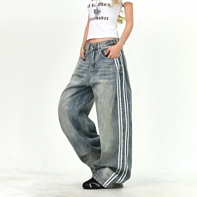 サイドラインウォッシュワイドデニムパンツ 1col   R01684