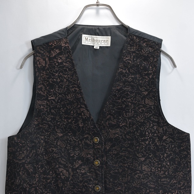 80s 90s Melbourne ELEMENTS メルボルンエレメンツ ピッグスキン レザー ジレ ベスト 総柄 アジャスターベルト レトロ ブラック USED ヴィンテージ ビンテージ 古着 レディースMサイズ相当