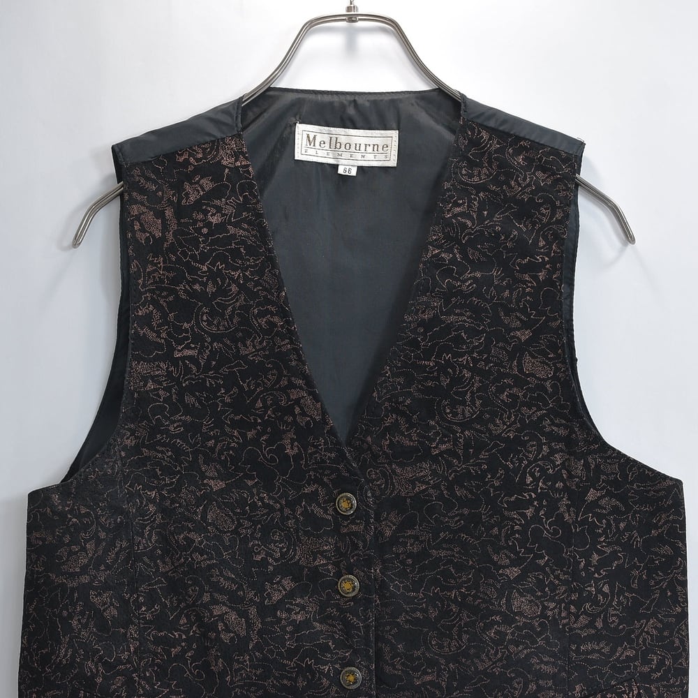 80s 90s Melbourne ELEMENTS メルボルンエレメンツ ピッグスキン レザー ジレ ベスト 総柄 アジャスターベルト レトロ ブラック USED ヴィンテージ ビンテージ 古着 レディースMサイズ相当