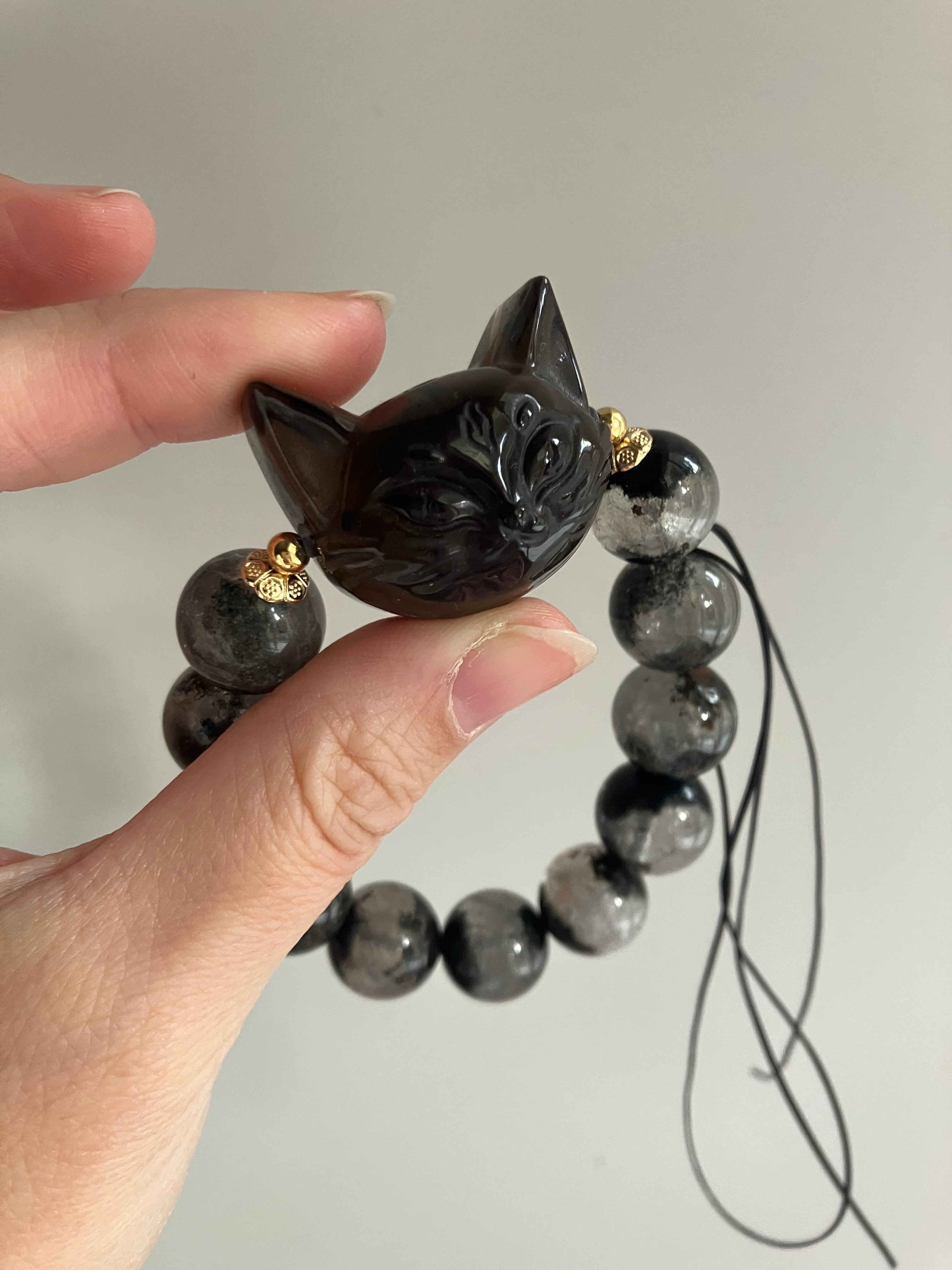 専用です♡新作　水晶猫招きブレス 再販！ オブシディアン猫彫 ブラックガーデンクォーツブレスレット