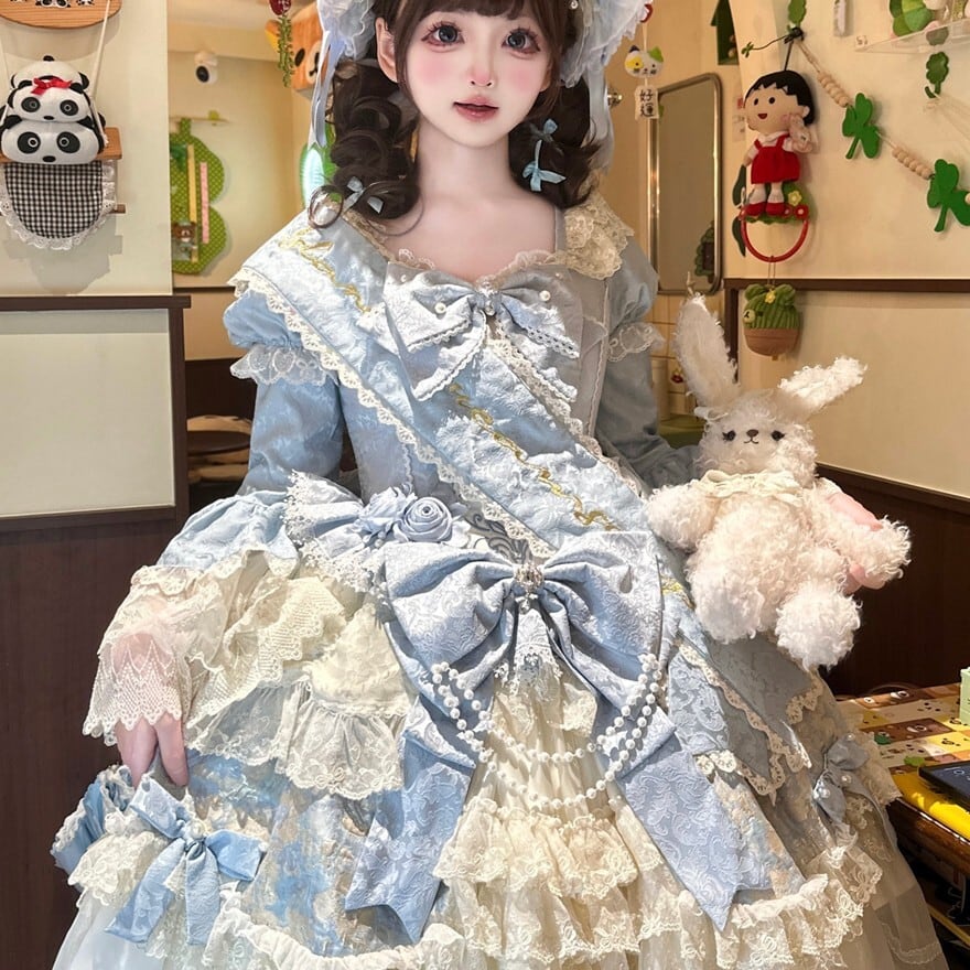甘ロリセットアップ 水色×白 ボンネット×トレイン付き 豪華姫系ドレス