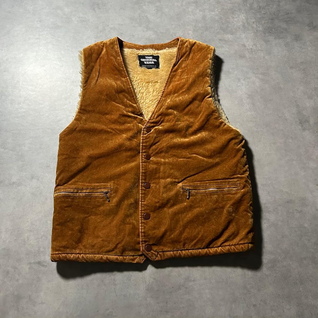 ヴィンテージ フェイク レザー ボア スナップボタン デザイン ベスト