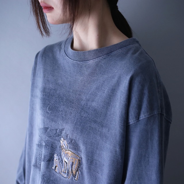 "刺繍×狼" good coloring over silhouette heavy weight l/s tee