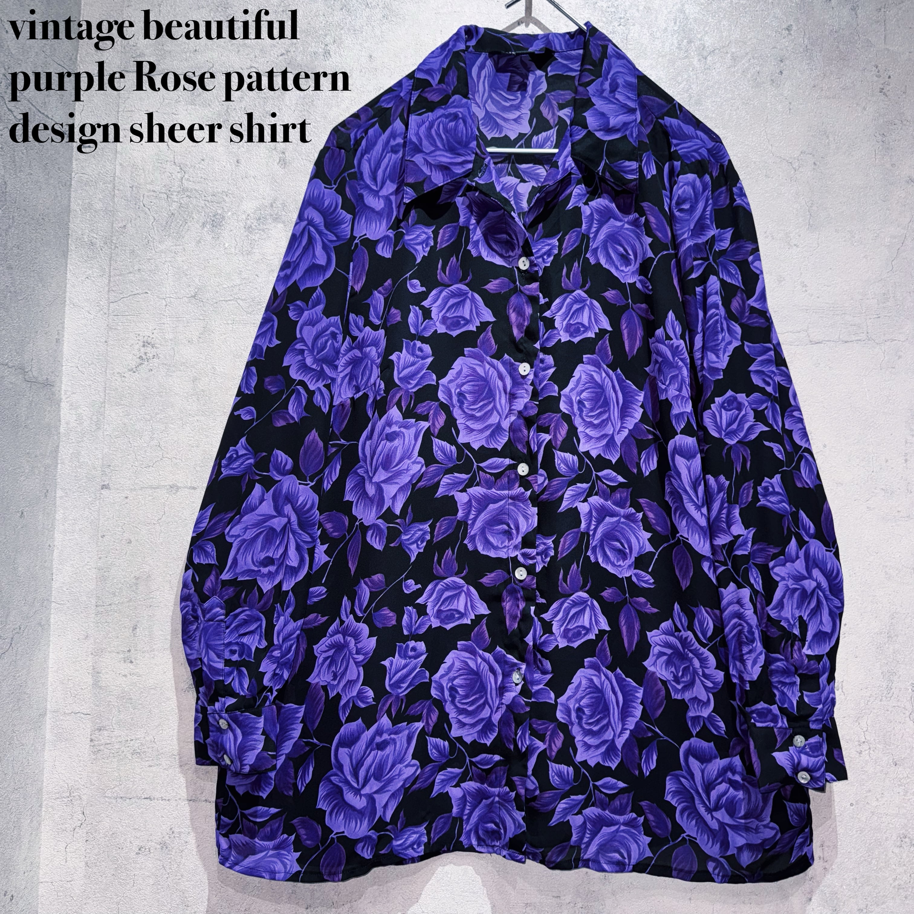 vintage beautiful purple Rose pattern design sheer shirt