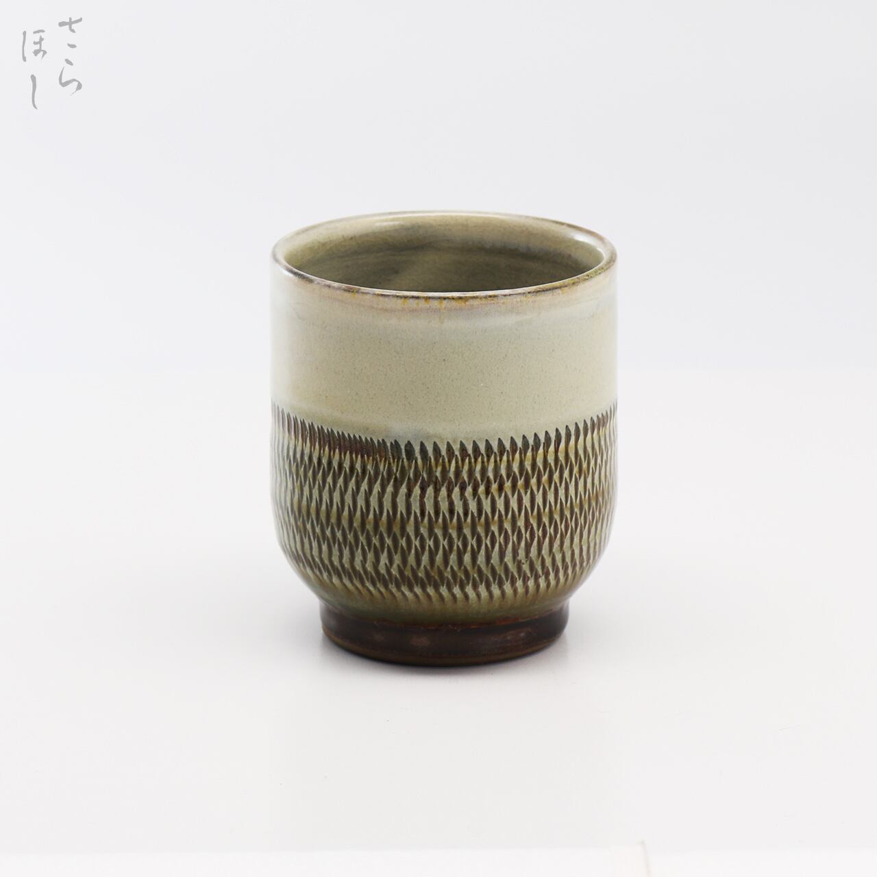 小鹿田焼 小袋窯 湯呑 飛びかんな/掛け分け 白/緑 口径約7.8cm 陶器 和食器 民藝 茶器