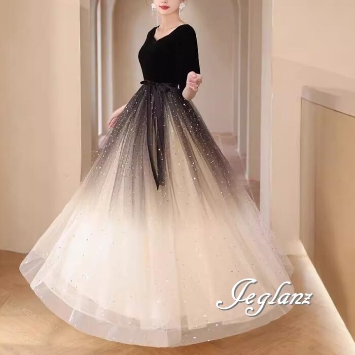 イブニングドレス 半袖 グラデーション リボン ラメ キラキラ ♪(MB714)ζ☆