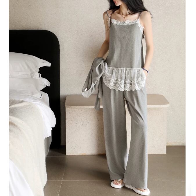 【M-2XL】monotone lace 3piece set pajamas p1728