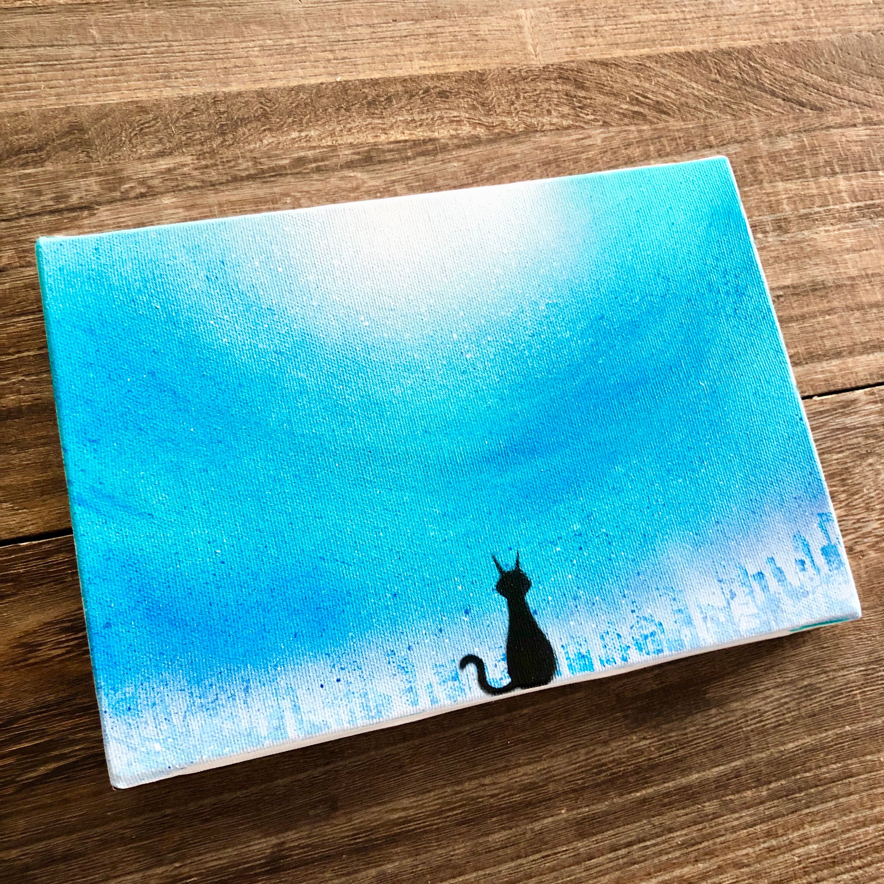 猫のいる街」原画 黒猫×夜空 青 ターコイズ 絵画 キャンバス 風景画