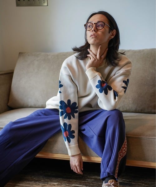 HOLIDAY】 super rib padded shoulder crew neck l/s tops (flower