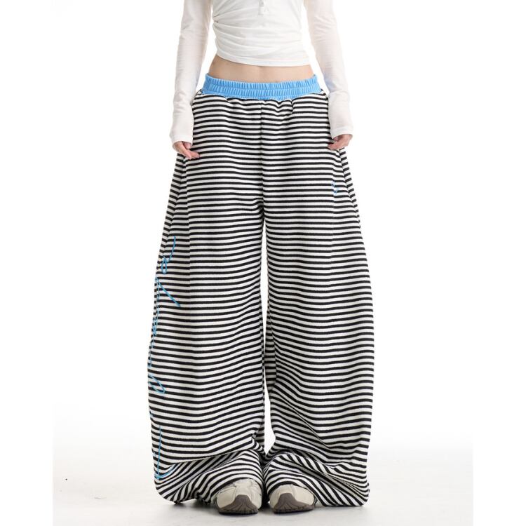 ボーダー柄 ワイドレッグ フルレングス パンツ L00352