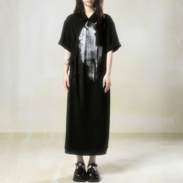 Abstract print collar one-piece C1600