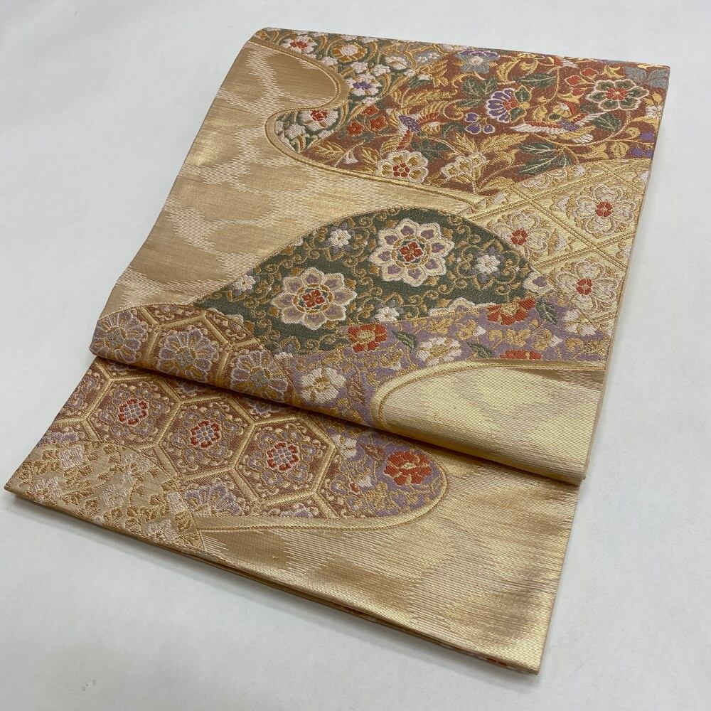 中古 礼装袋帯 正絹 草花 六通柄 ゴールド Aランク 439cm 6048