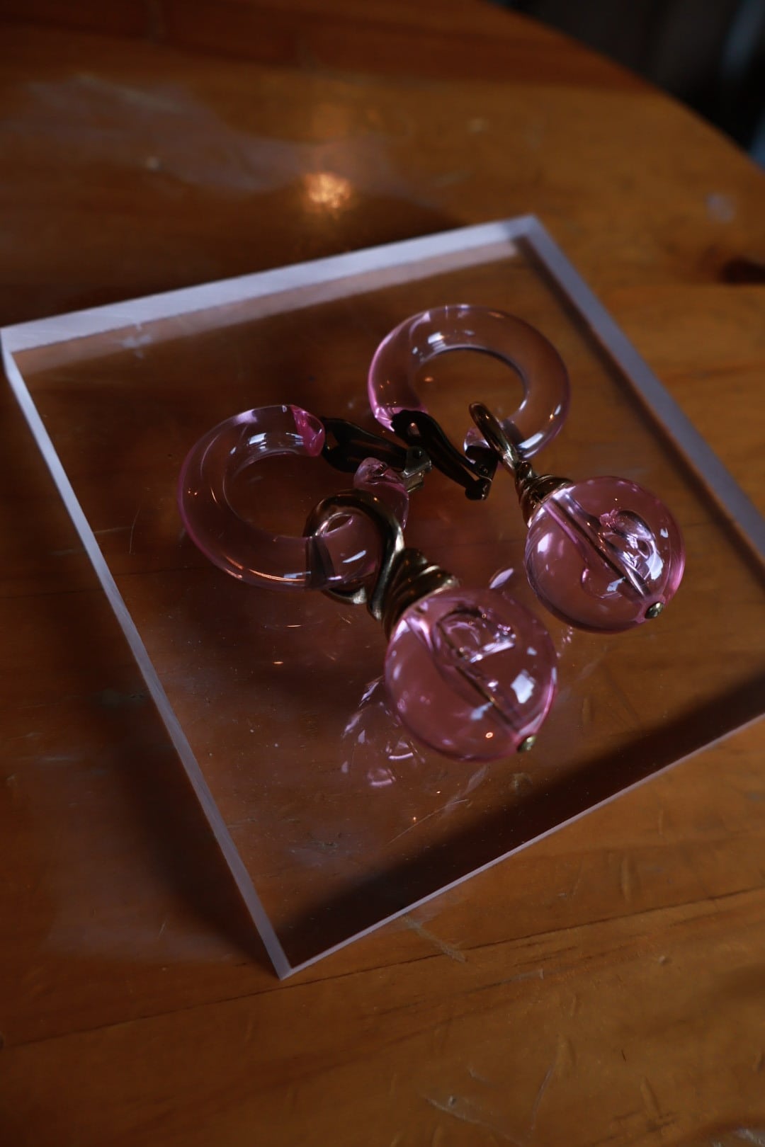 vintage Pink Lucite Hoop Drop Earrings
