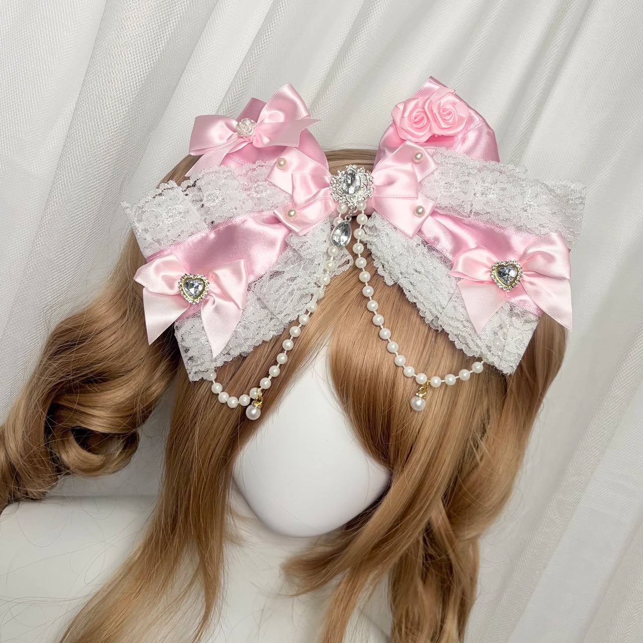 ♡ 姫GAL パールチェーン＆ビジューハート リボンヘアクリップ pink ♡