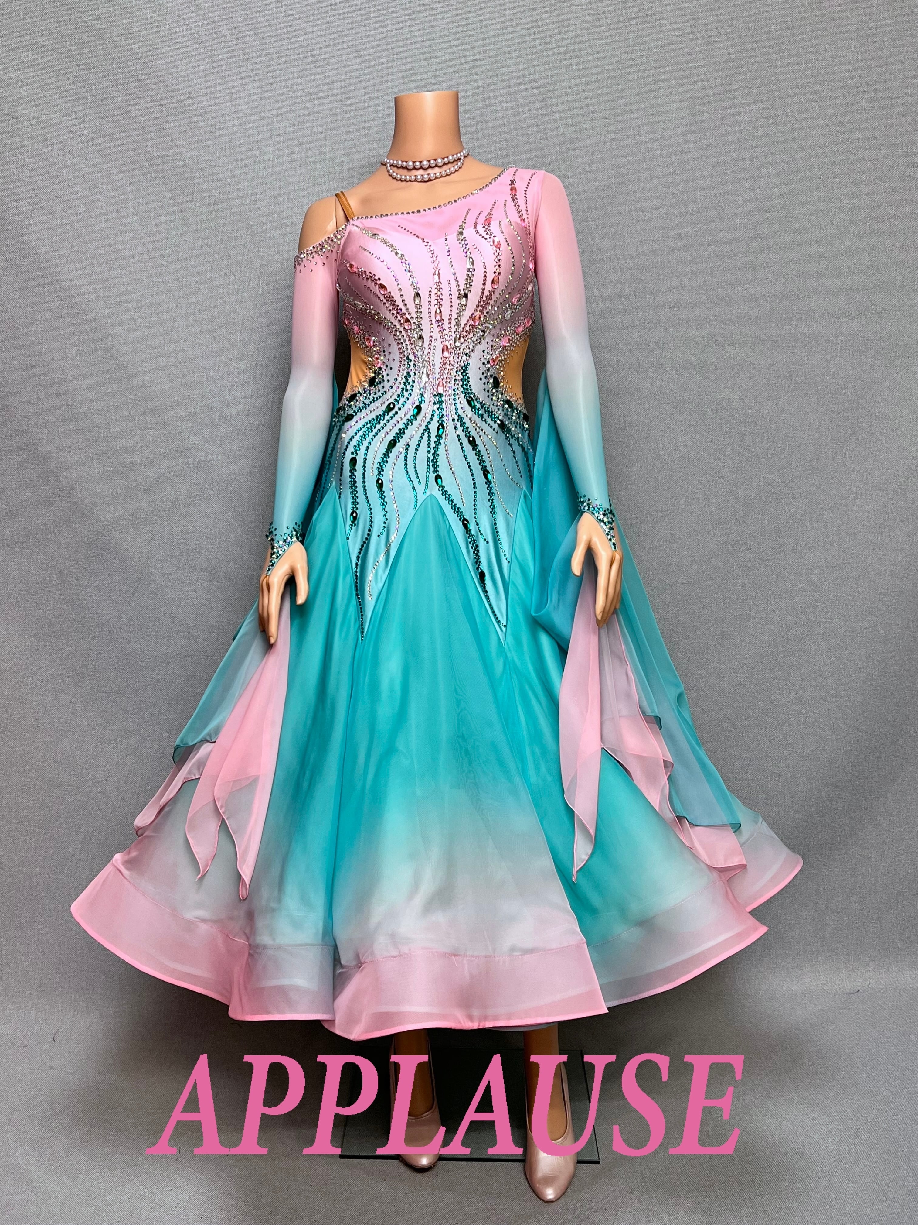 【新着】社交ダンス ドレス　モダン　スタンダード ドレス　　ST-26-6　　ピンク＆グリーン　M　デモ・競技用ドレス　発表会　衣装　パーティドレス　ワンピース　舞台衣装