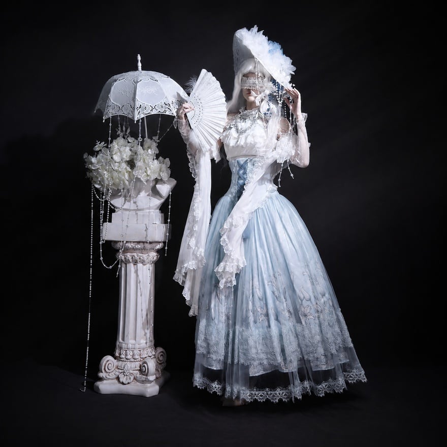 ロリータファッション 氷雨の花嫁 コルセット風ロングドレス3点セット