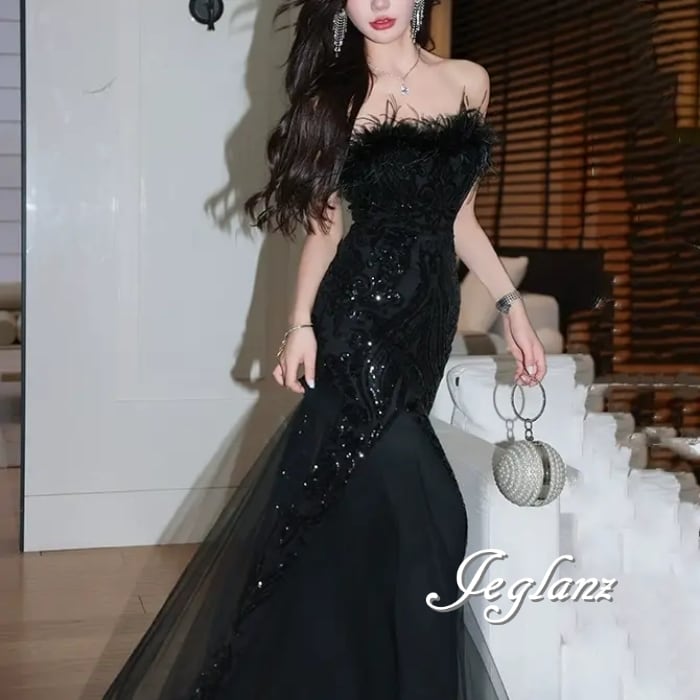 パーティ イブニング フェザードレス ベアトップ ファンシー 光沢感(MB402)η