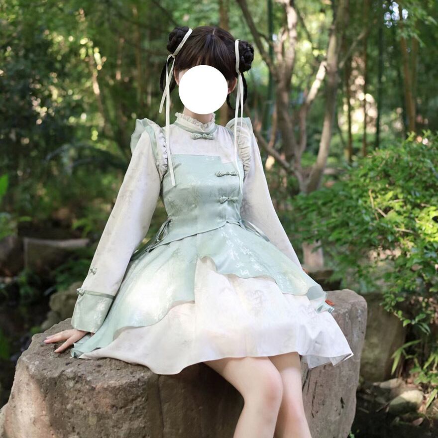 ワンピース ノースリーブ フリル ボリューム スタンドネック 中華