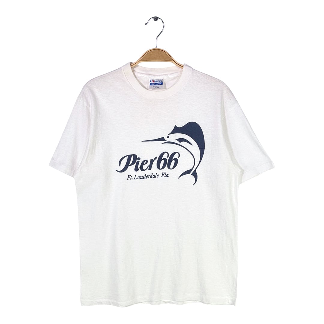 80s ピア66 USA製 ヴィンテージTシャツ カジキ 埠頭 ホワイト シングルステッチ サイズL 古着 @BZ0492