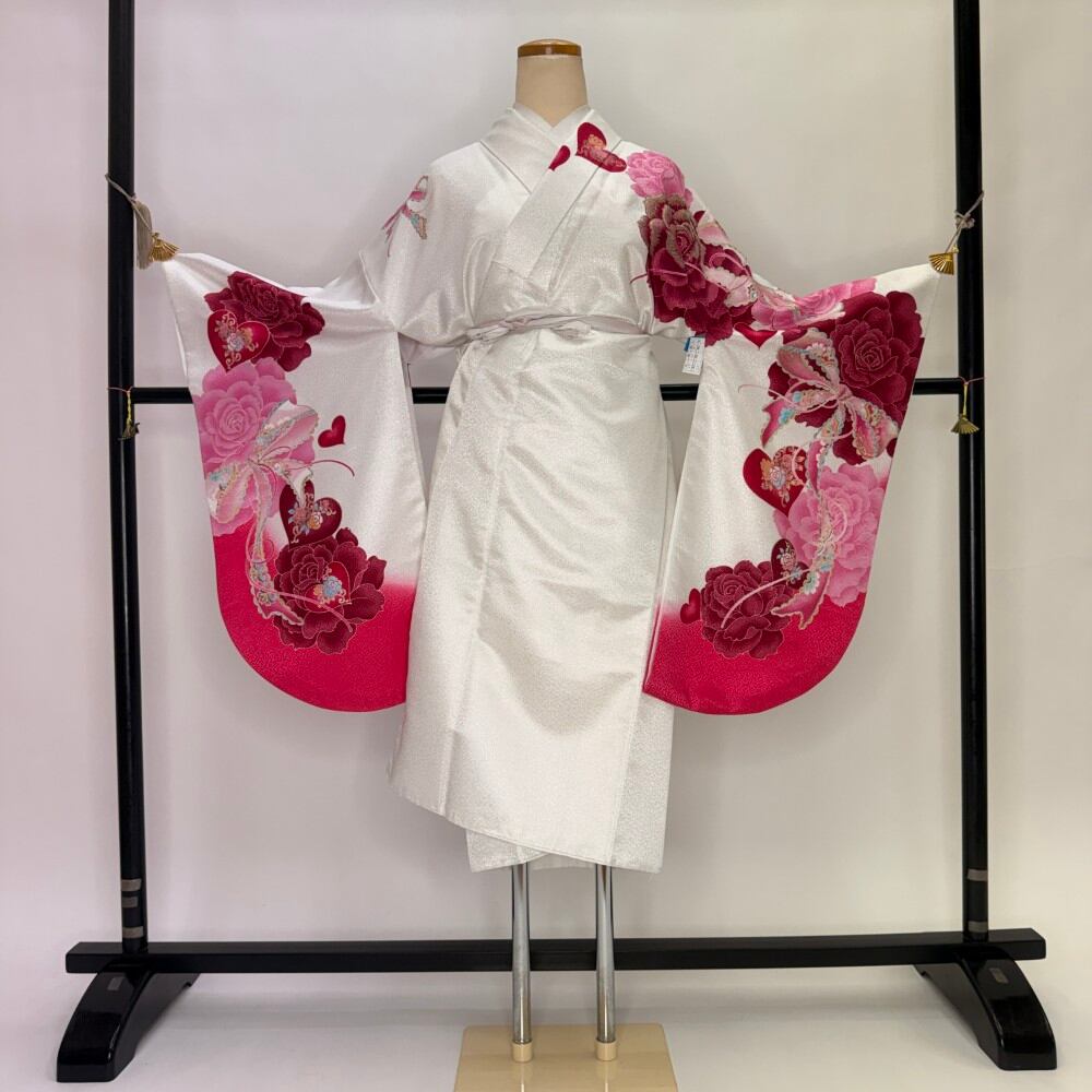 二尺袖 単品 卒業式着物 白 裄68cm Lサイズ 袴用着物 化繊 中古 5827