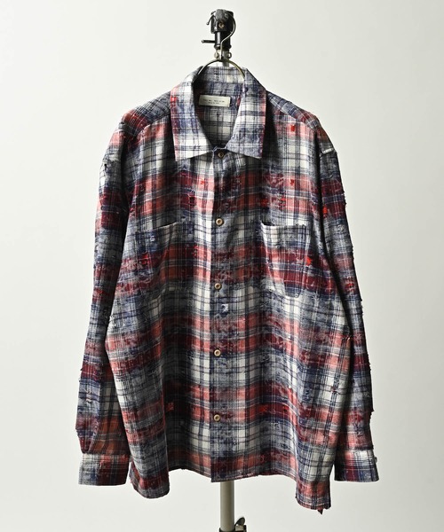 many men many mind Damaged Check Work Shirt (RED) M2615020