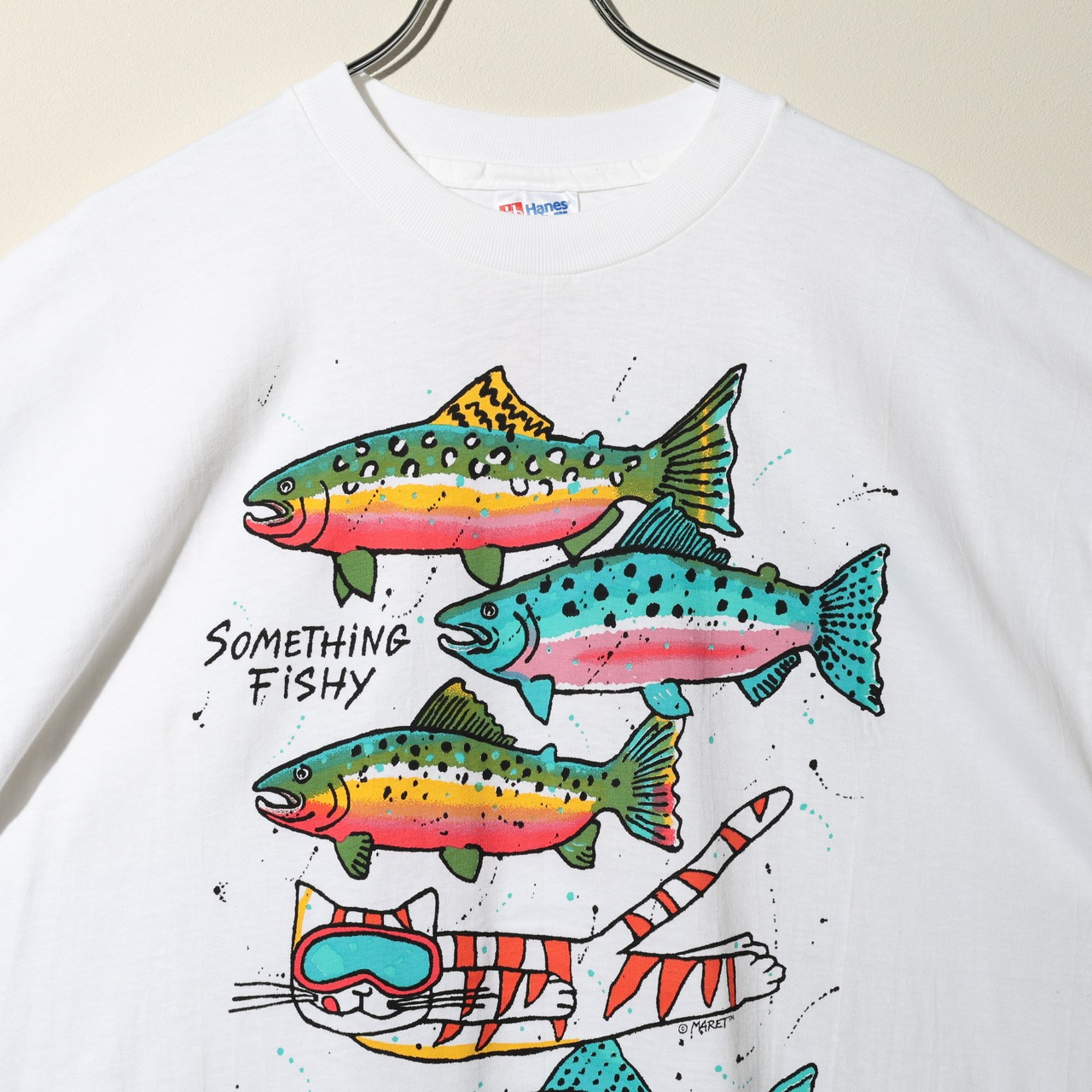 Deadstock XL 90s USA “Something Fishy” Harborside Graphics Tシャツ ハーバーサイドグラフィックス 猫 魚 ニジマス