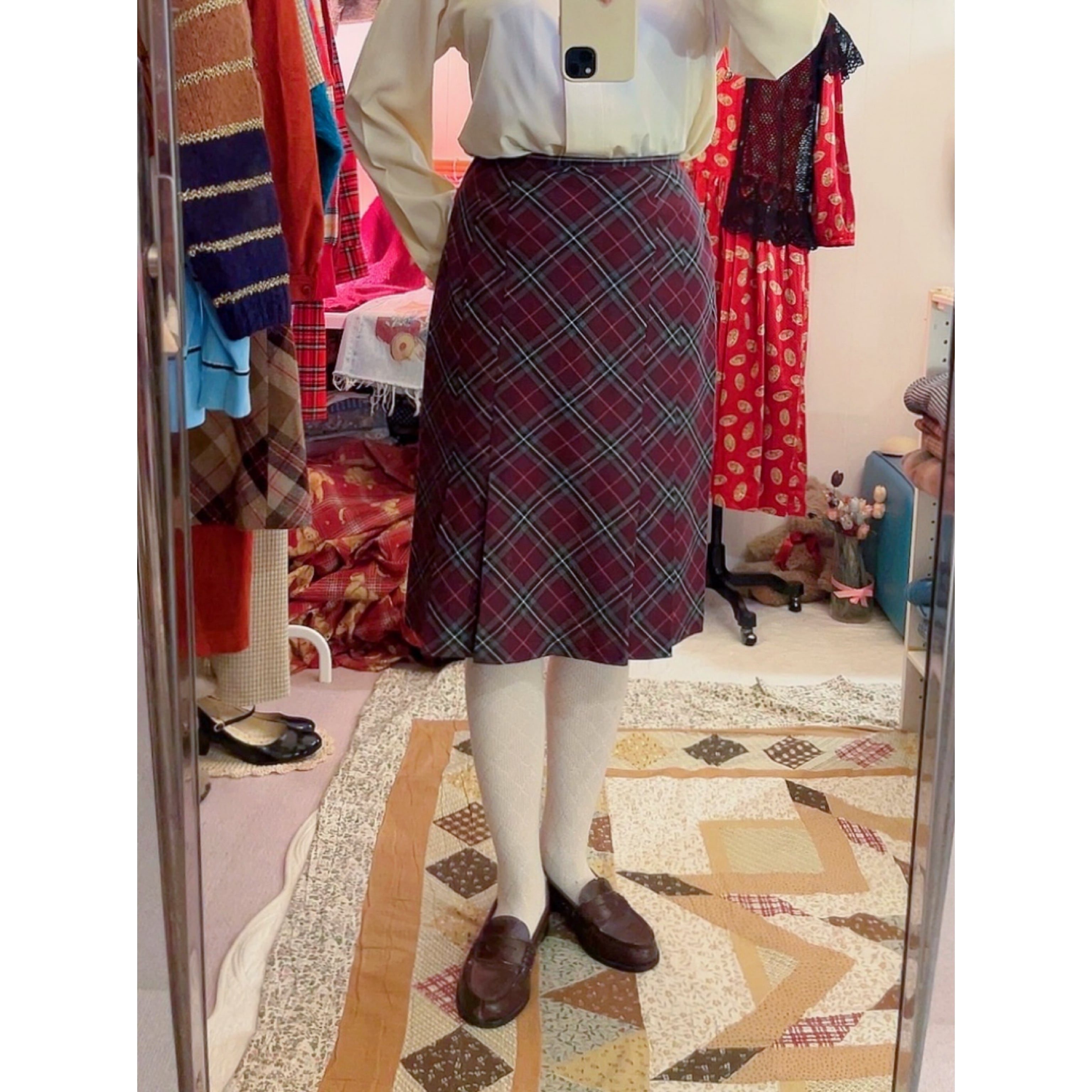 purple gray check tuck skirt