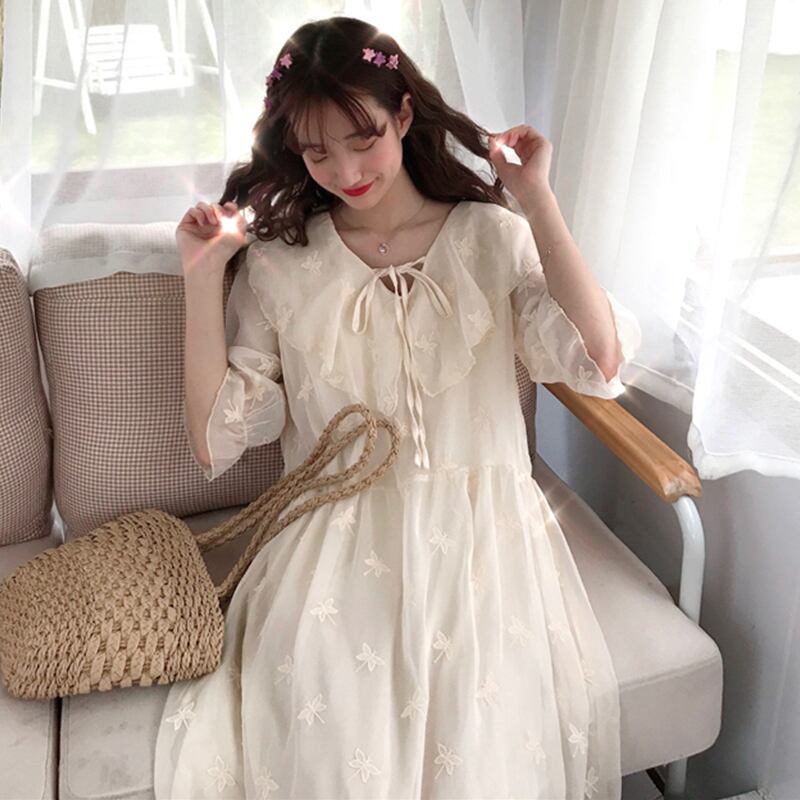 Butterflyデザイン 刺繍レースVネックドレス サマースカート 大人ガーリー スウィート キュート カジュアル 夏物 萌量不足82352157443