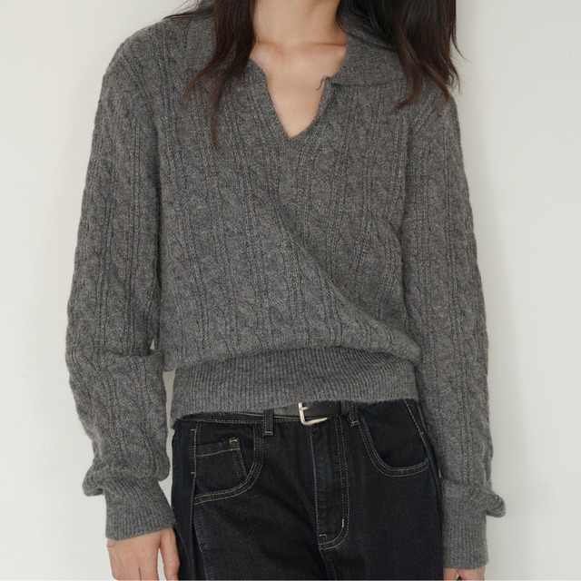 polo collar cable knit top　J00200