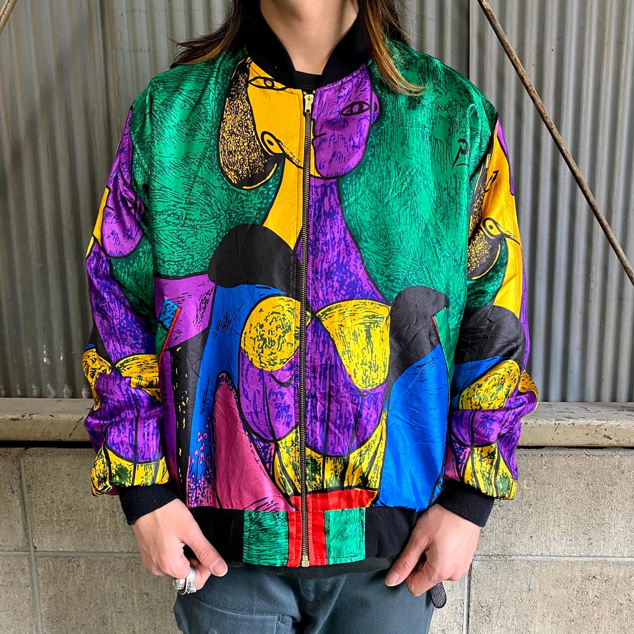 古着屋□□□□_jacket〜90s Piaasso ピカソ　ブルゾン　総柄　アート　赤リブ　中綿　ピンク系