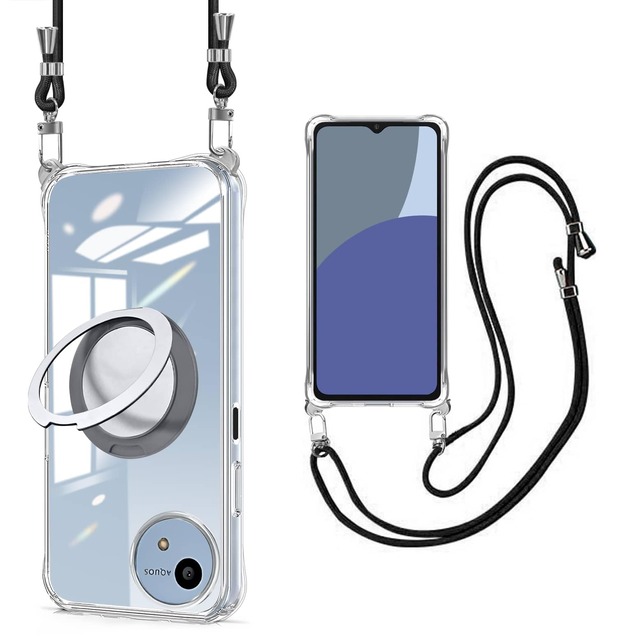 PAILAIMEN AQUOS wish4 ケース クリア リング付き ショルダー SH-52E/SH-M27 ケース 縦横両対応 TPU 透明 耐衝撃 アクオスwish4 カバー 肩掛け 斜めかけ 縄掛け スタンド機能 360°回転 縦横両対応 紐付き 斜めがけ 織りストラップ付き ネックストラップ 紛失防止(縄掛け-ブラック)