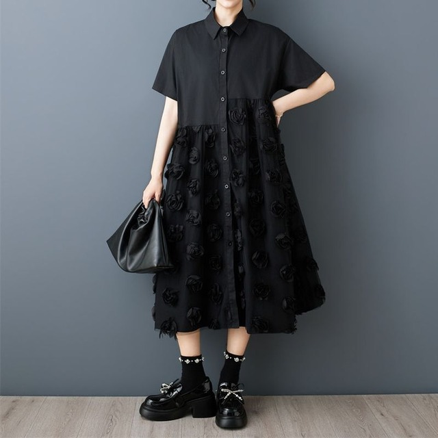 3Dローズ柄 ロング シャツワンピース  30251