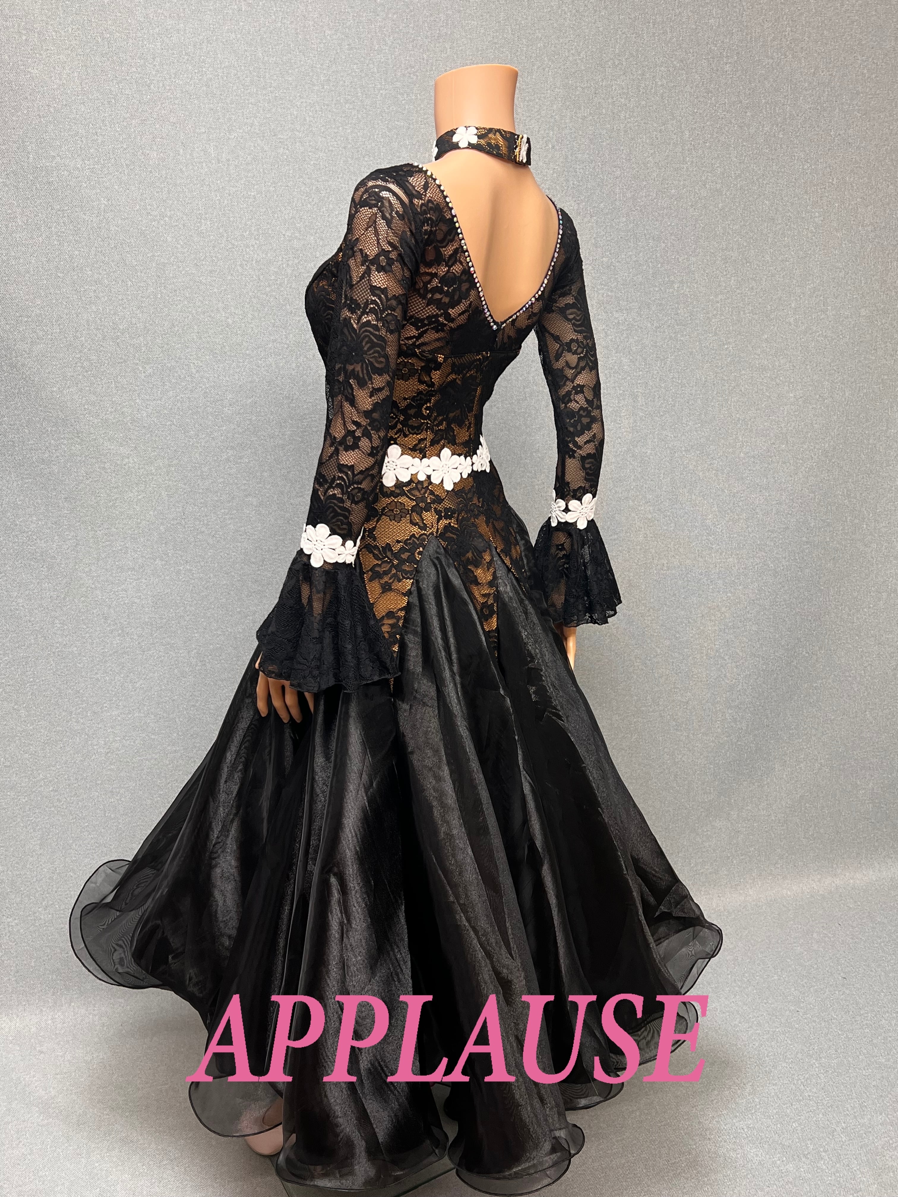 【新着】社交ダンス ドレス　スタンダード　モダンドレス　ブラック（レース）　M　ST-25-31　デモ・競技用ドレス　発表会衣装　パーティドレス　ワンピース　舞台衣装