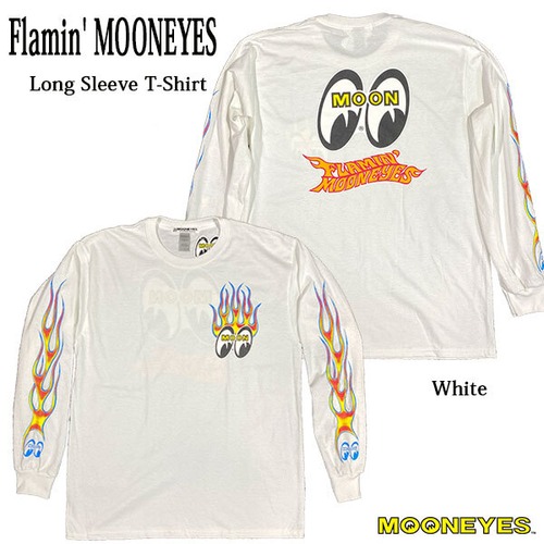 Flamin' MOONEYES Long Sleeve T-Shirt White フレーミン ムーンアイズ ロング スリーブ Tシャツ ホワイト 長袖 ワイルドマン石井 レタリング ピンストライプ HOTROD バイク MOONEYES ムーンアイズ