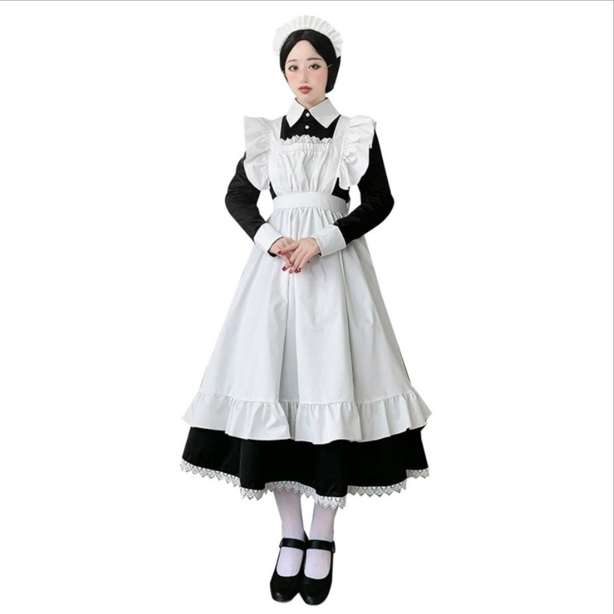 4XLサイズメイド服 ロリータ コスプレ メイド 黒 ワンピース 