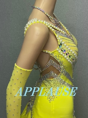 【新着】社交ダンス ドレス　スタンダード　モダンドレス　 レモンイエロー　S～M   ST-25-18　デモ・競技用ドレス　発表会衣装　パーティドレス　ワンピース　舞台衣装