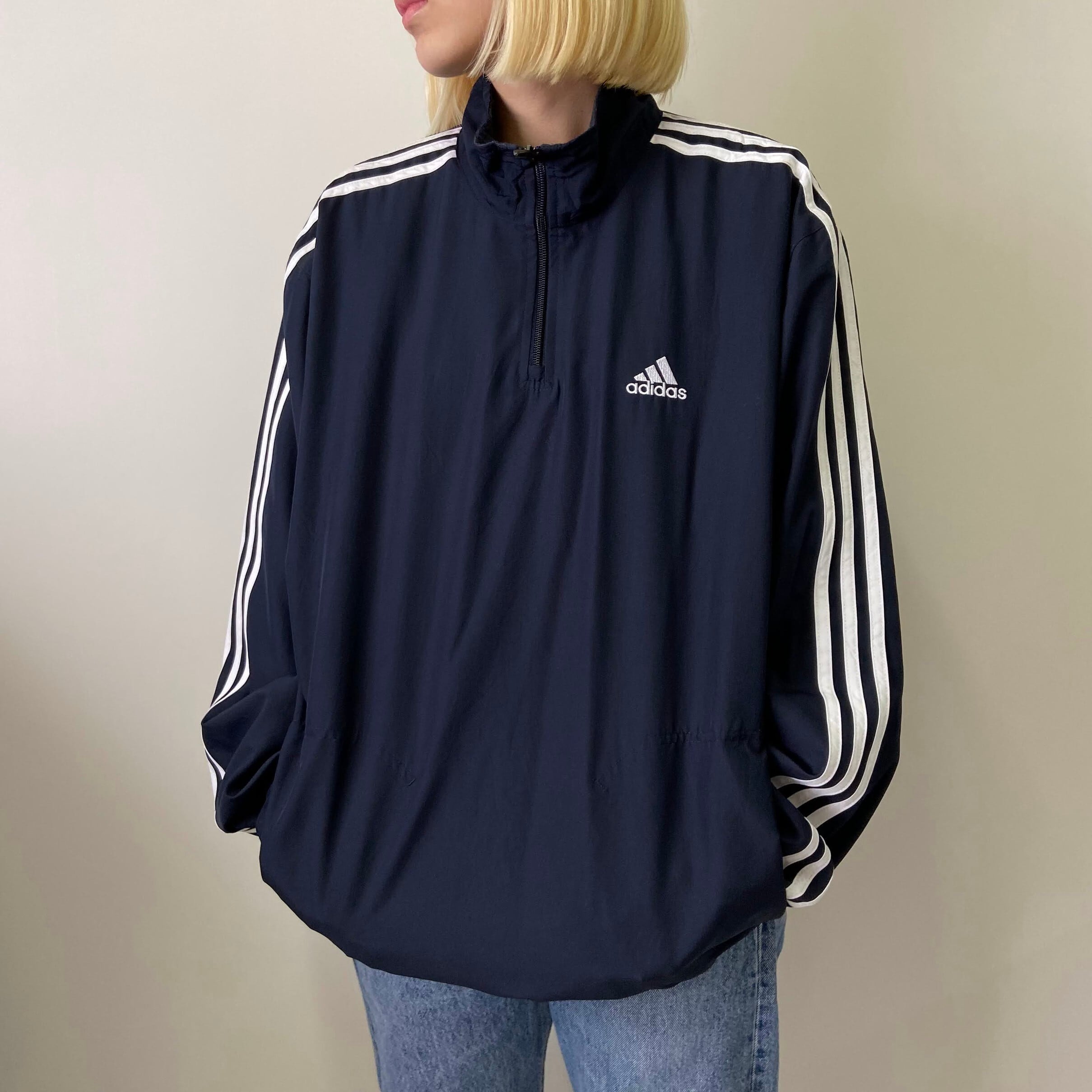 アディダス あたらしく adidas ナイロンジャケット ハーフジップ 古着 