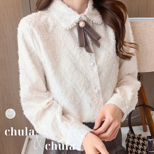 大きいサイズ レディース韓国ファッション リボン付きブラウス 長袖 無地 ボウタイ ビジュー 大人可愛い カジュアル フェミニン オルチャン Ch1795 可愛い大きいサイズ韓国レディースファッション通販 Chulachula チュラチュラ