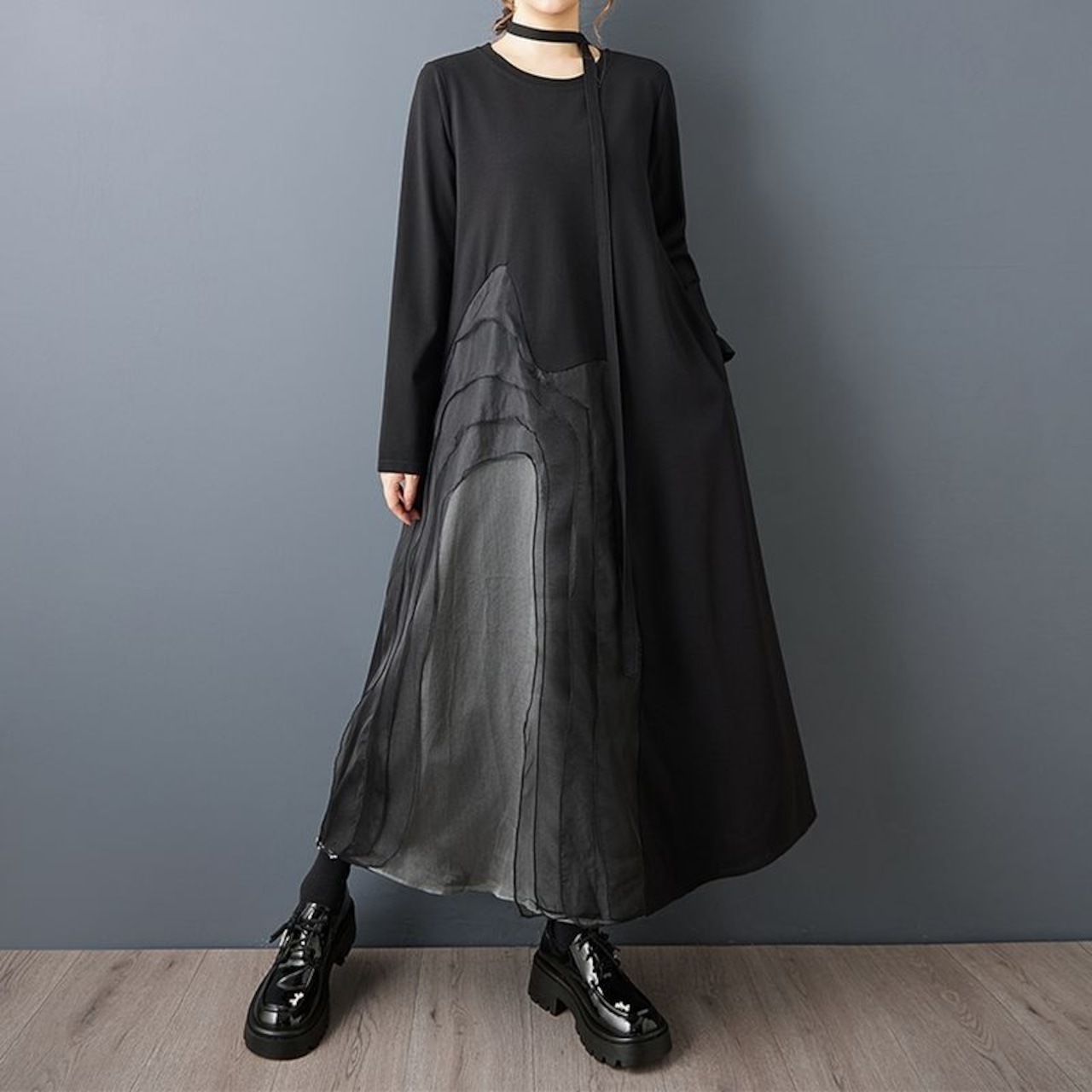 異素材 切替 アートワンピース ン 00305