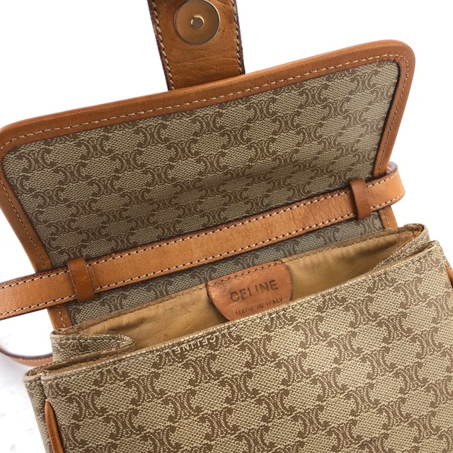 CELINE セリーヌ マカダム ブラゾン型押し PVC レザー ラウンド ミニバッグ ショルダーバッグ ベージュ vintage ヴィンテージ オールド e2k8jy