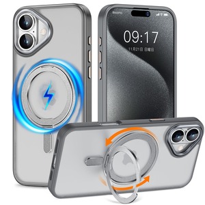 【在庫処分】iPhone 16 用 ケース 縦横両対応 リング 【多機能360度回転スタンド】MagSafe対応 ワイヤレス充電対応 半透明マット スマホケース 米軍規格 耐衝撃 カメラレンズ保護 車載ホルダー対応 両眼 6.1インチ いphone16 用 ケース (チタングレー iPhone 16)