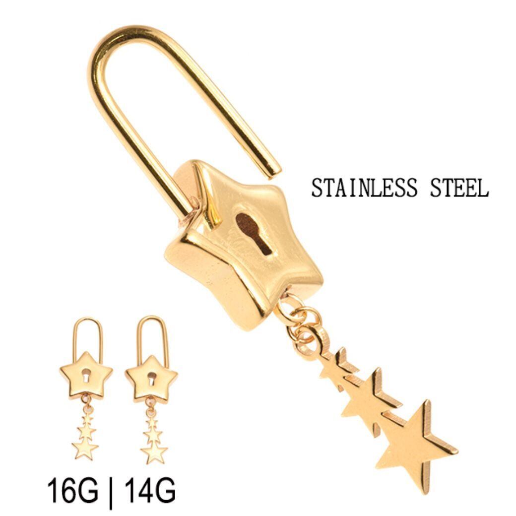 16G 14G ゴールド 星 スター 南京錠 鍵 KEY チャーム付 揺れるピアス