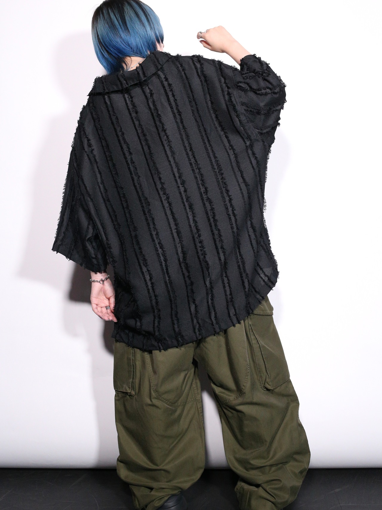 XXL fringe stripe open collar shirt - 5