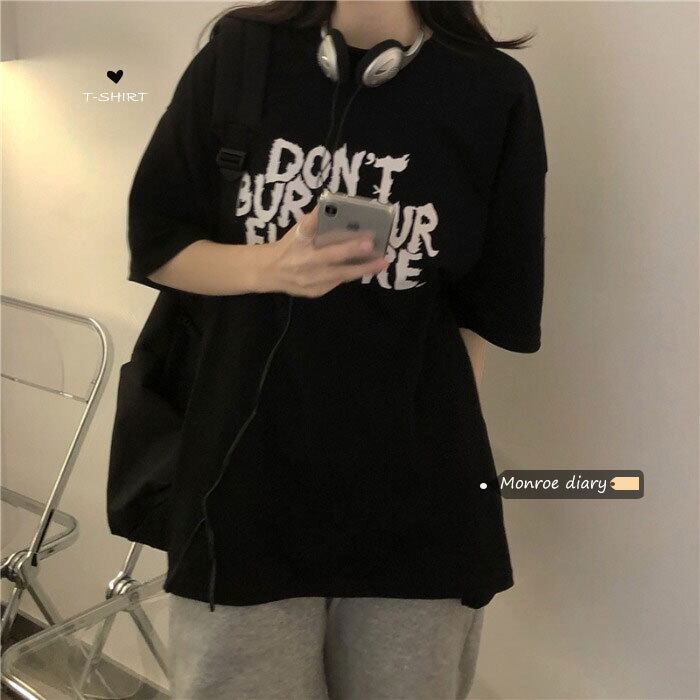 ブラックサマーTシャツ ルーズ コットン 夏物 モンロー12425167120