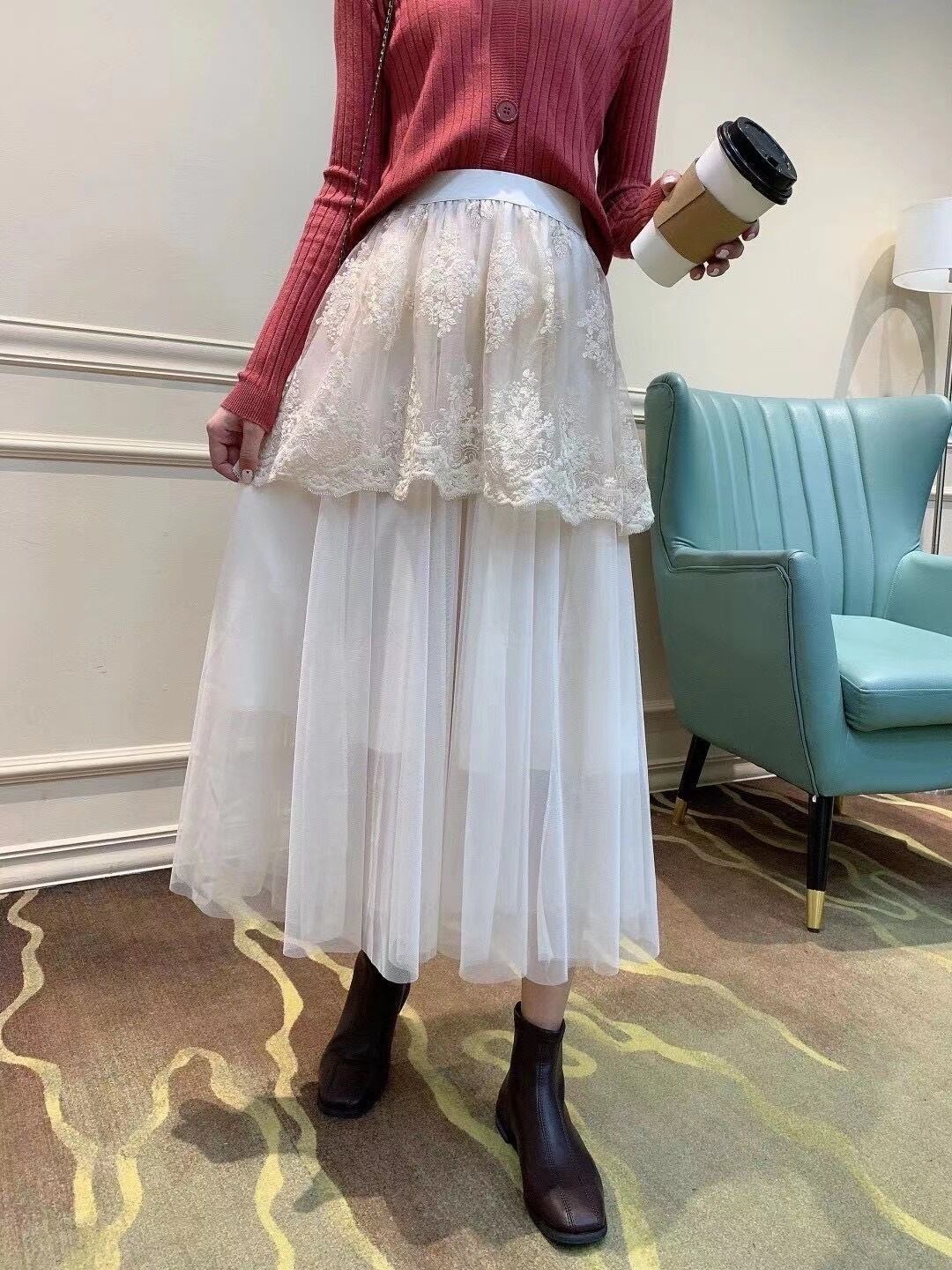 レース切り替えチュールスカート