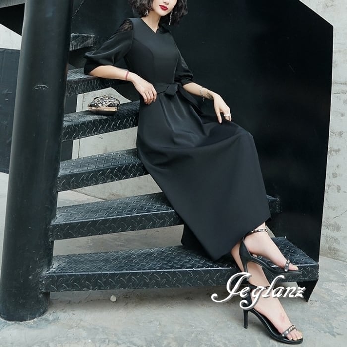 3色 パーティ ドレス ワンピース 刺繍 レース 共ベルト 7分袖 ♪(MB241)ζ